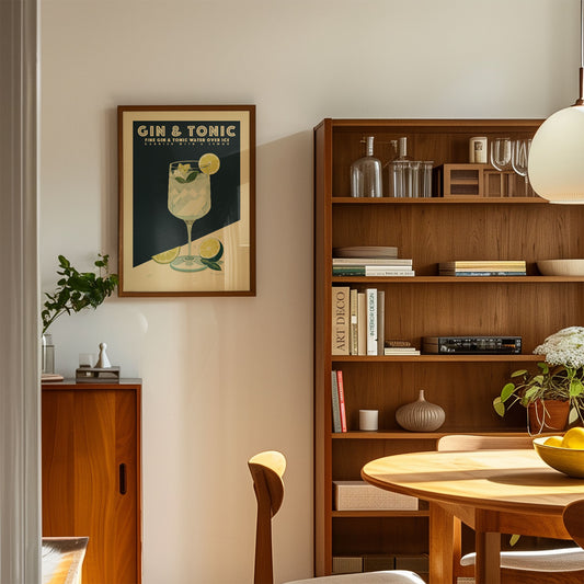 a cozy living room with a wooden bookshelf, a framed poster of a gin and tonic, and a wooden cabinet. The room has a warm and inviting atmosphere, with a dining table and chairs in the foreground.