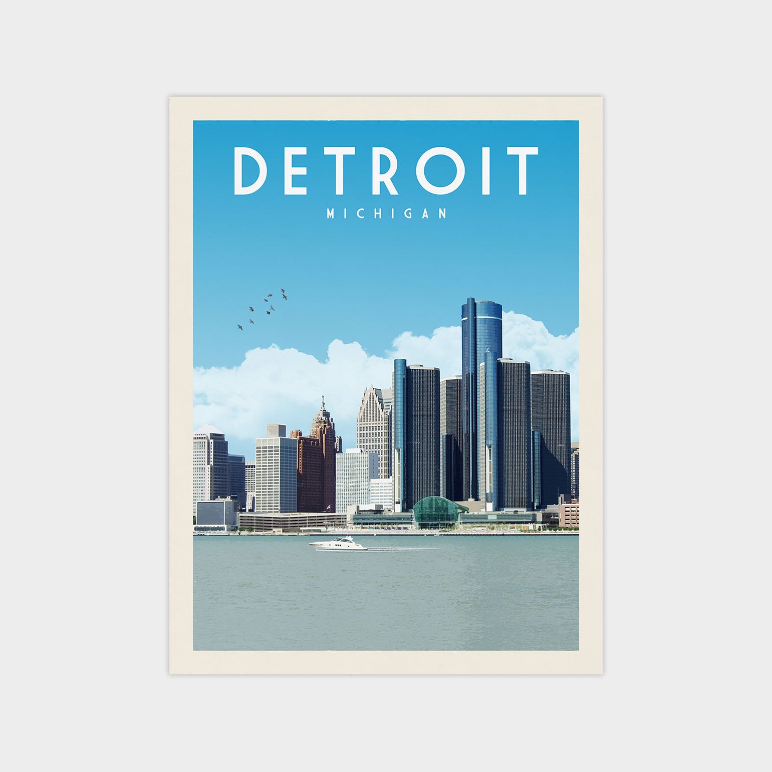 A poster of the Detroit skyline, featuring the city's iconic skyscrapers and a body of water in the foreground.