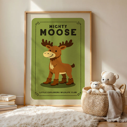 a framed poster of a cartoon moose, with a basket of stuffed animals next to it.