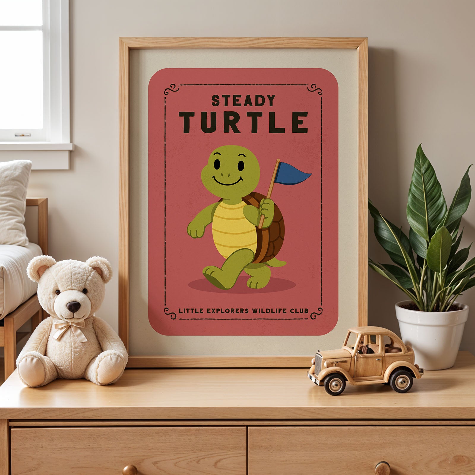 a framed poster of a cartoon turtle, a stuffed teddy bear, and a toy truck on a wooden dresser.