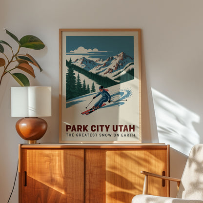 A framed poster of a skier in a snowy mountain landscape, with the text "PARK CITY UTAH THE GREATEST SNOW ON EARTH" below the image.