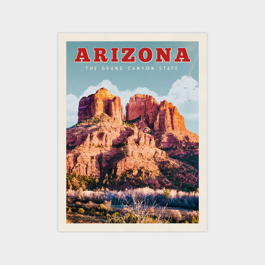 The image is a poster or artwork depicting the Grand Canyon State of Arizona, featuring the iconic red rock formations of the canyon against a blue sky with clouds.