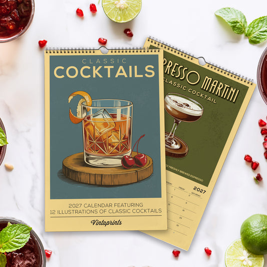 a calendar with illustrations of classic cocktails, surrounded by various fruits and garnishes.