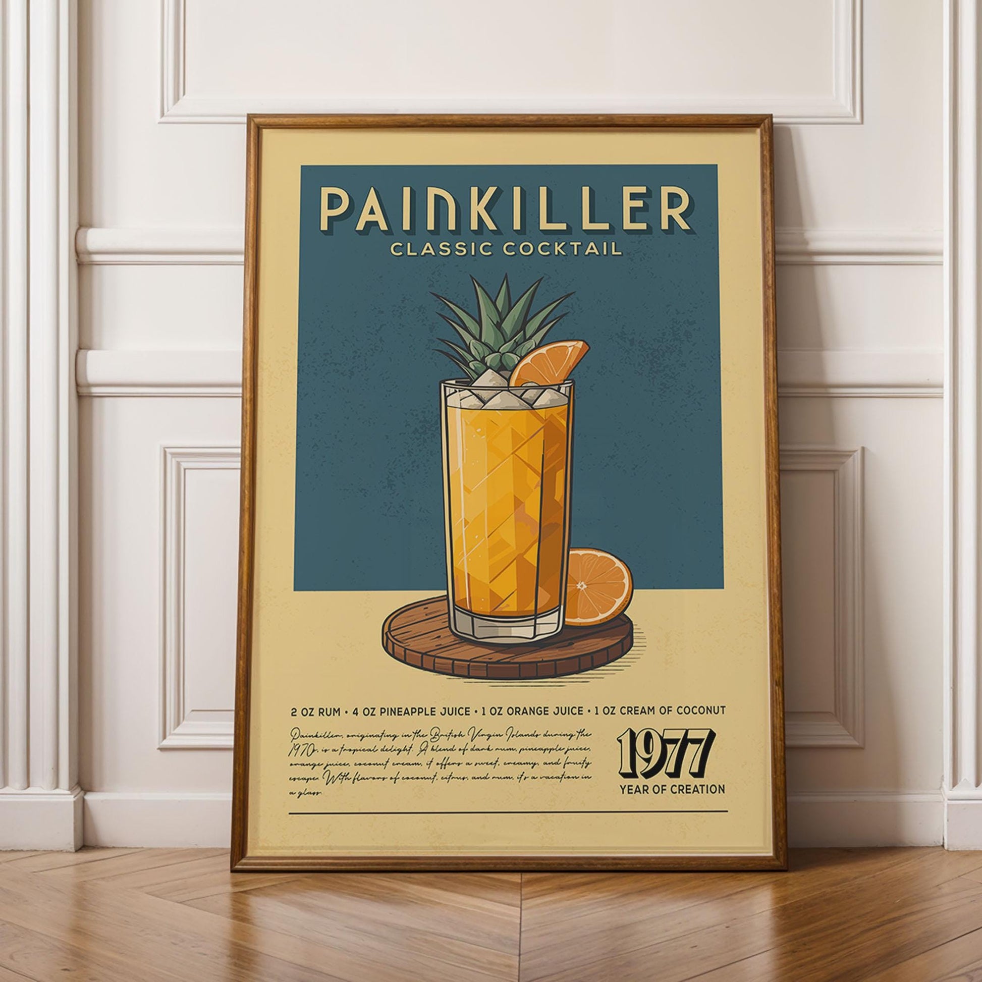 The image is a framed poster advertising a classic cocktail called &quot;Pain Killer&quot; with a picture of the drink and a list of ingredients.