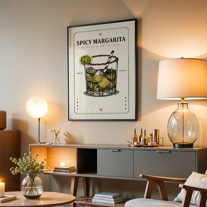 a framed poster of a Spicy Margarita cocktail hanging on a wall in a living room setting.