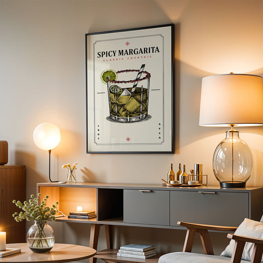 a framed poster of a Spicy Margarita cocktail hanging on a wall in a living room setting.