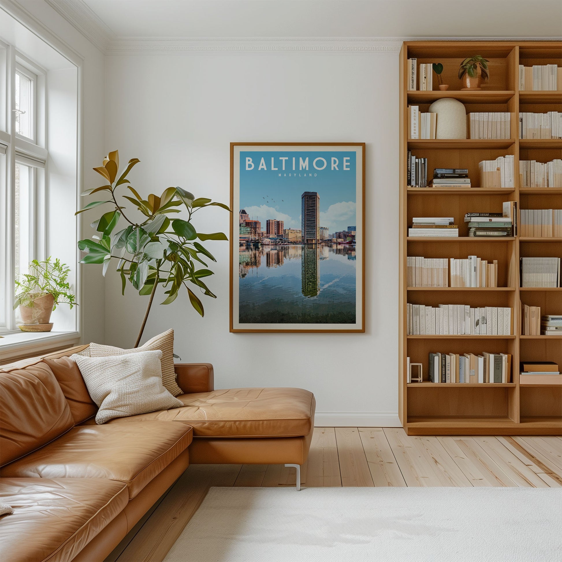 a cozy living room with a large window, a comfortable leather couch, a bookshelf filled with books, and a framed poster of Baltimore, Maryland, hanging on the wall.