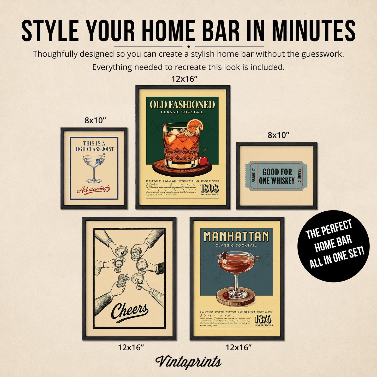 Old Fashioned & Manhattan - Cocktail Gallery Wall Set