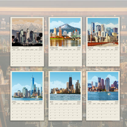 The image is a six-panel calendar featuring various cityscapes and landscapes, including mountains, skyscrapers, and bodies of water.