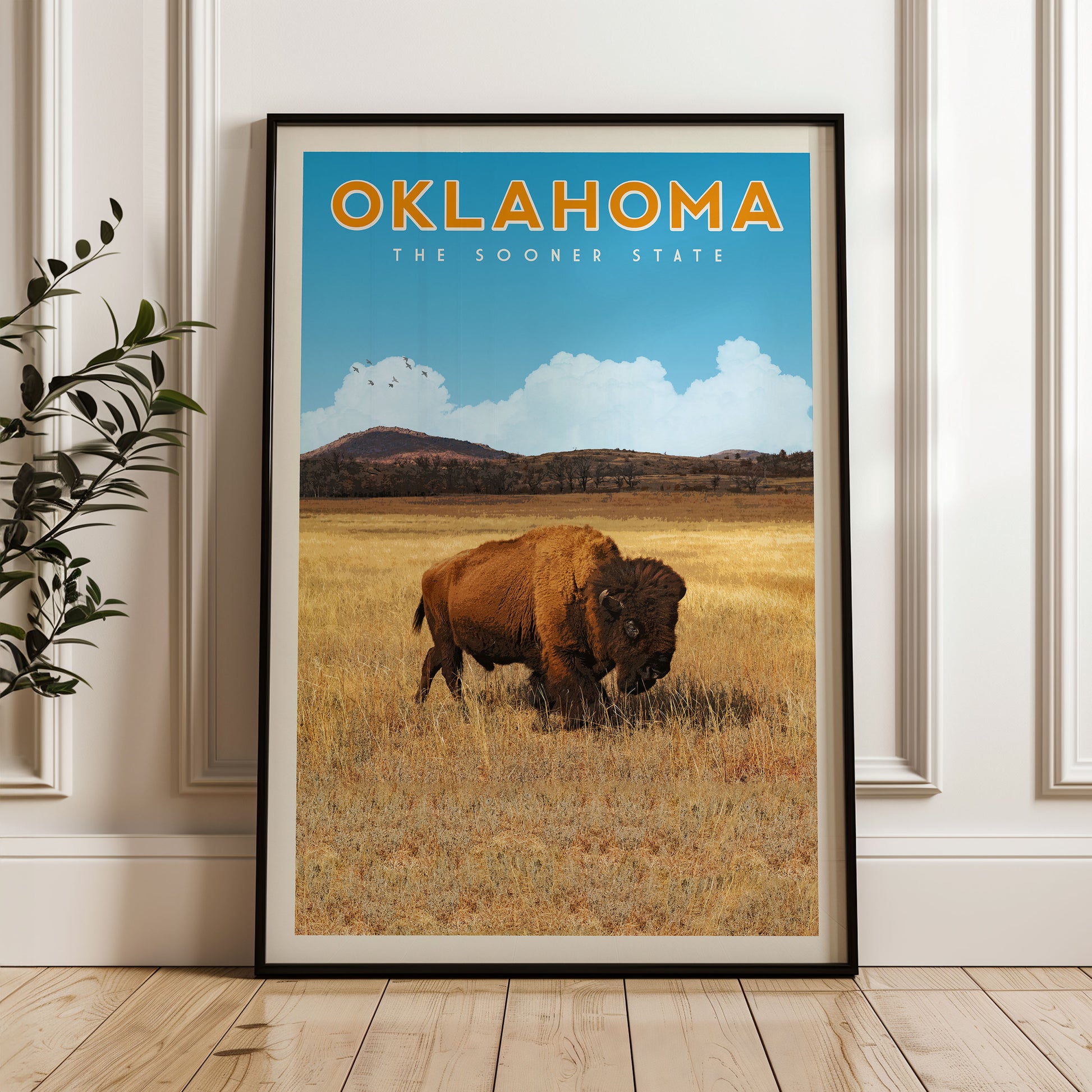The image is a framed poster of a buffalo in a field, with the text "OKLAHOMA THE SOONER STATE" displayed prominently.