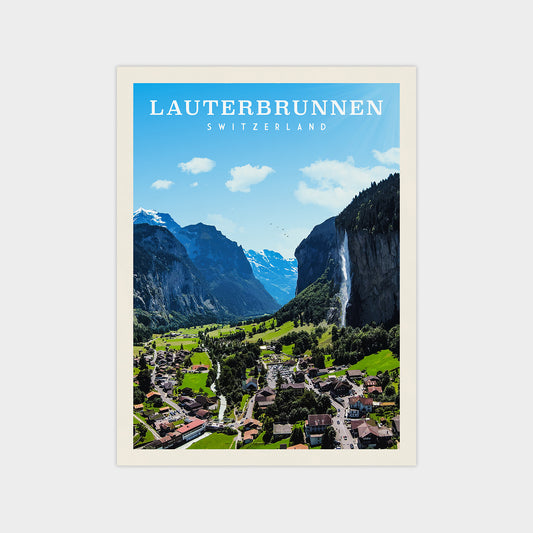The image is a poster or advertisement for Lauterbrunnen, Switzerland, featuring a scenic view of the town nestled in the valley below the majestic Lauterbrunnen waterfall.