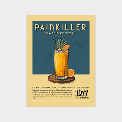 The image is a poster for a Pain Killer cocktail, featuring a glass illustration of the cocktail with pineapple and orange slices.