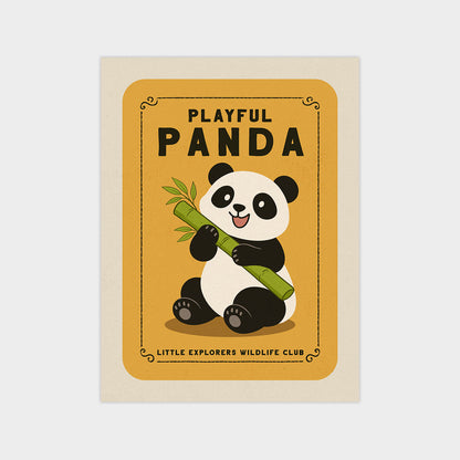 a panda holding a bamboo shoot, with the text "PLAYFUL PANDAS" and "LITTLE EXPLORERS WILDLIFE CLUB" displayed around the panda.