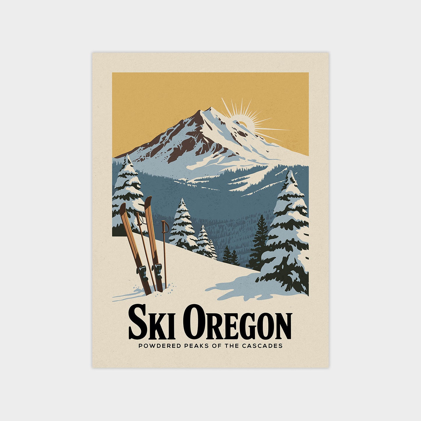 A vintage-style poster depicting a snowy mountain landscape with ski equipment, including skis and poles, and the text "Ski Oregon" prominently displayed.
