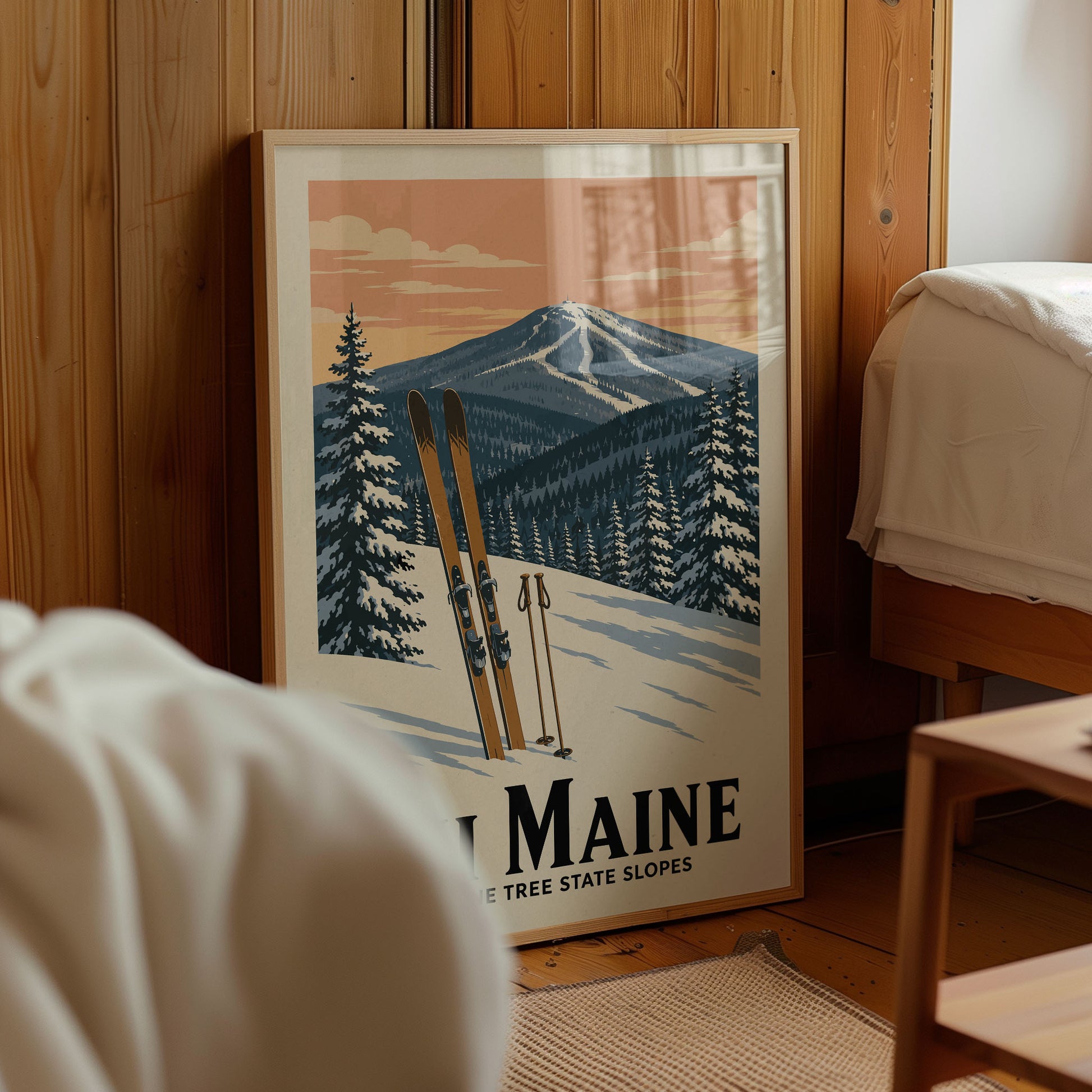 A framed poster of a snowy mountain landscape with skis and trees, featuring the text "MAINE THE TREE STATE SLOPES" in the bottom right corner.