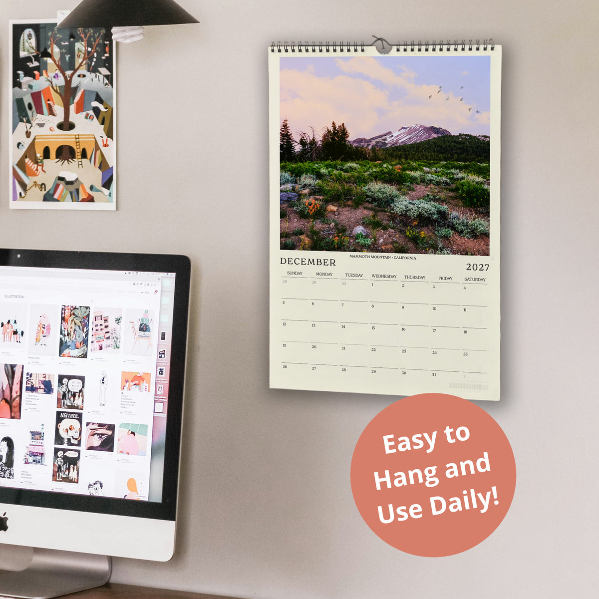 a wall with a calendar and a computer monitor, along with a text overlay that reads "Easy to Hang and Use Daily!"