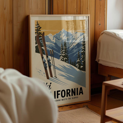 A framed poster of a snowy mountain landscape with skis and trees, featuring the text "California meets the slopes" and "Sun shine meets the slopes".