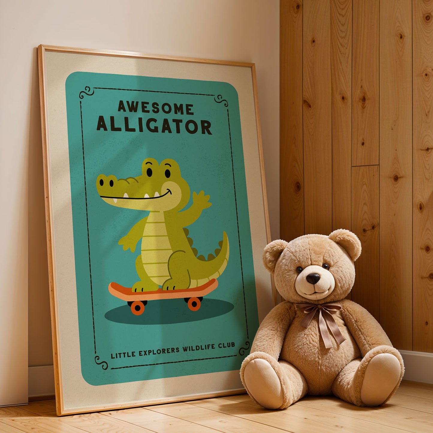 A framed poster of a cartoon alligator is leaning against a wooden wall, with a teddy bear sitting next to it on the floor.