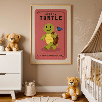 a nursery decorated with a framed poster of a cartoon turtle, a teddy bear, and a crib.