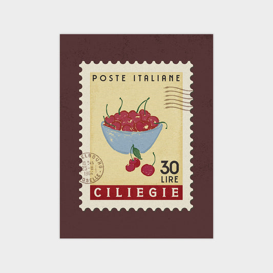 A postage stamp from Ciliegie, Italy, featuring a bowl of cherries.