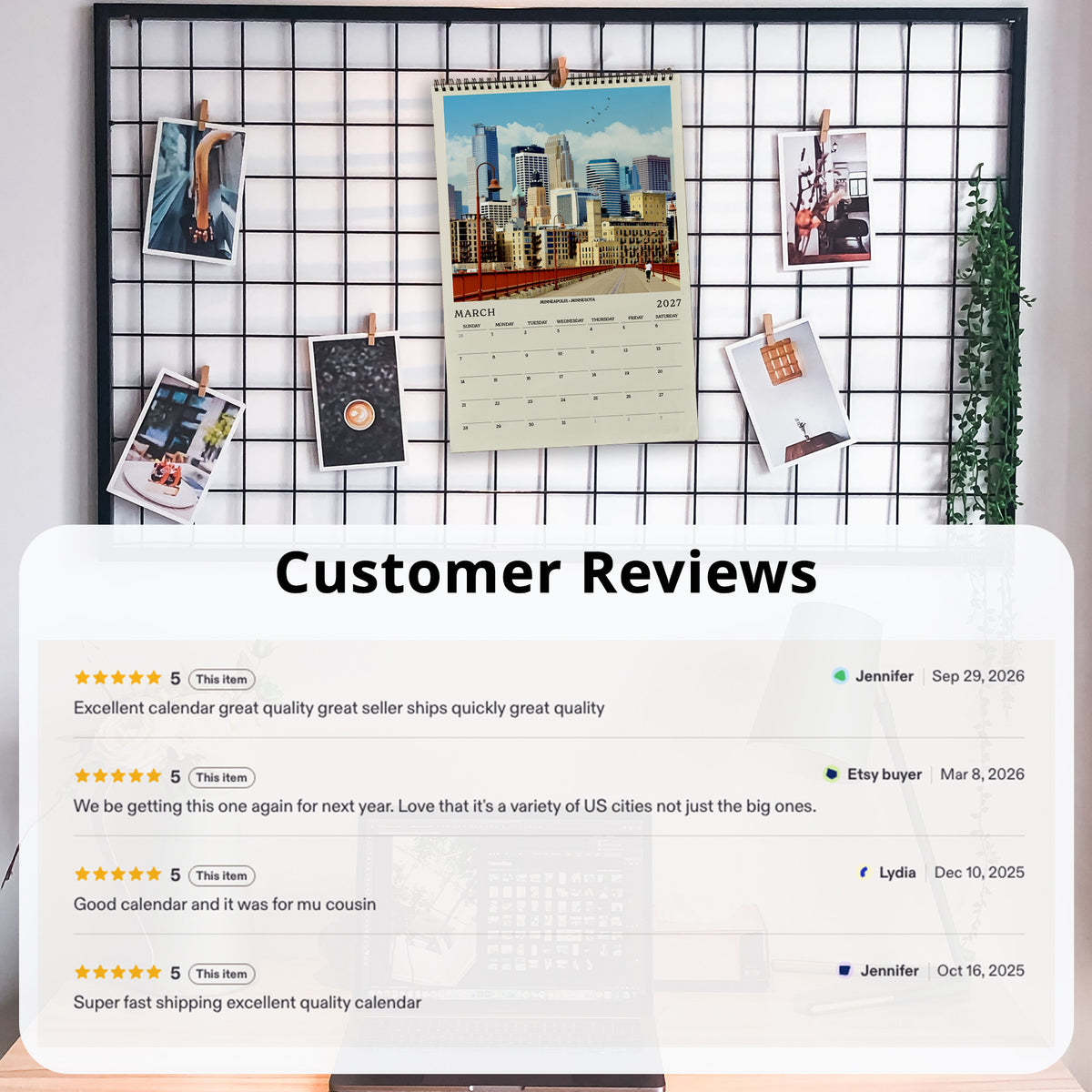 The image is a collage of customer reviews for a calendar, featuring photos of the calendar and various customer feedback.