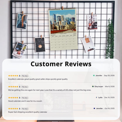 The image is a collage of customer reviews for a calendar, featuring photos of the calendar and various customer feedback.
