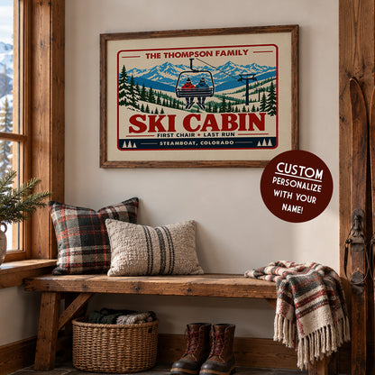 a cozy ski cabin interior with a framed poster of a ski lift and mountains on the wall, a wooden bench with a plaid pillow, and a basket of blankets and boots.