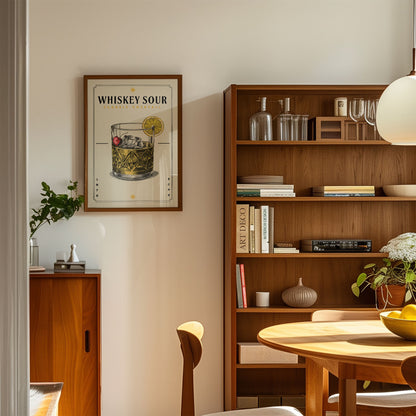a cozy living room with a wooden bookshelf, a framed poster of a whiskey sour, a wooden cabinet, and a dining table with chairs.