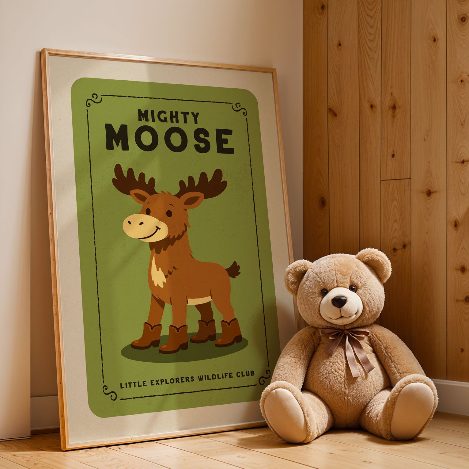 A framed poster of a moose and a teddy bear are displayed on a wooden wall.