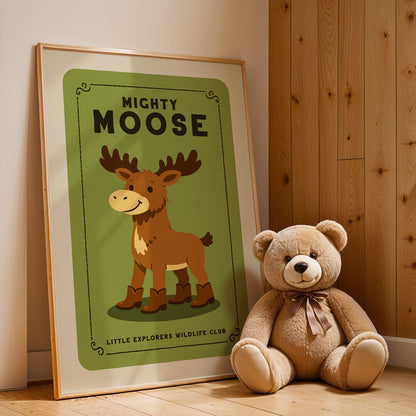 A framed poster of a moose and a teddy bear are displayed on a wooden wall.