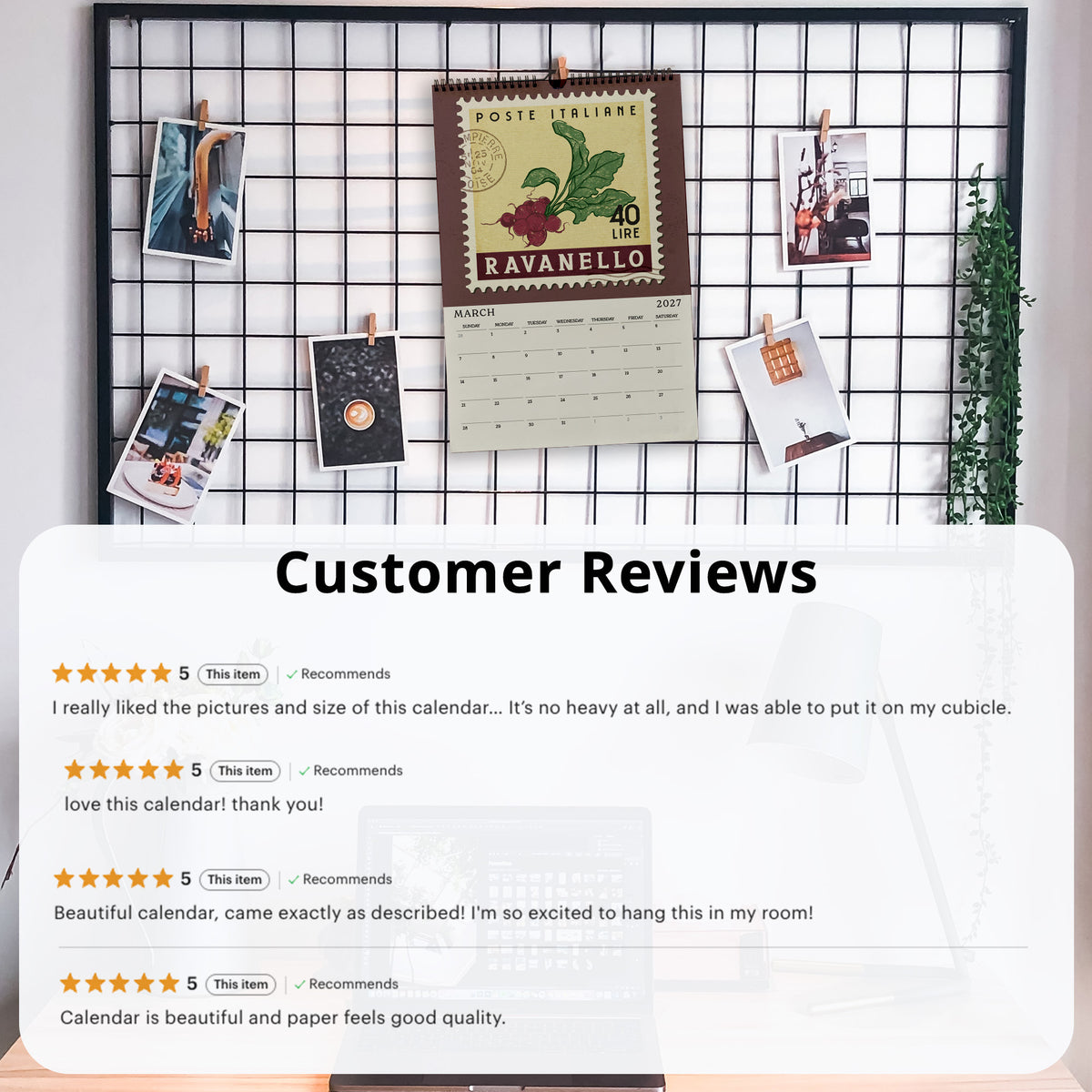 The image is a collage of customer reviews for a calendar, featuring photos of the calendar and other items such as pictures and a plant. The reviews express positive sentiments about the calendar, including its pictures and size, and the ability to easily hang it in a cubicle.
