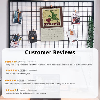 The image is a collage of customer reviews for a calendar, featuring photos of the calendar and other items such as pictures and a plant. The reviews express positive sentiments about the calendar, including its pictures and size, and the ability to easily hang it in a cubicle.