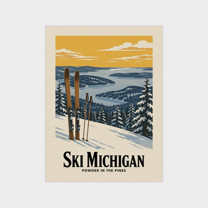 A vintage-style poster depicting a snowy landscape with ski equipment and a scenic view of a lake or river in the distance.