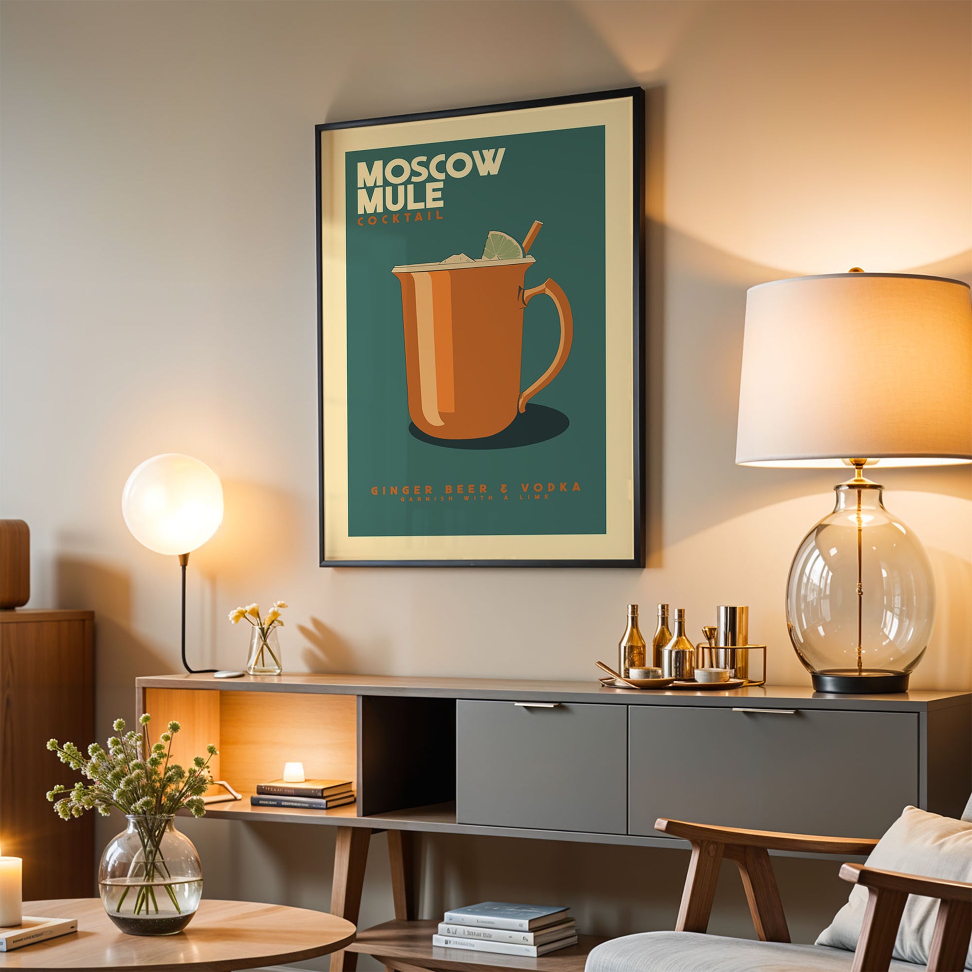 a framed poster of a Moscow Mule cocktail hanging on a wall in a living room setting.