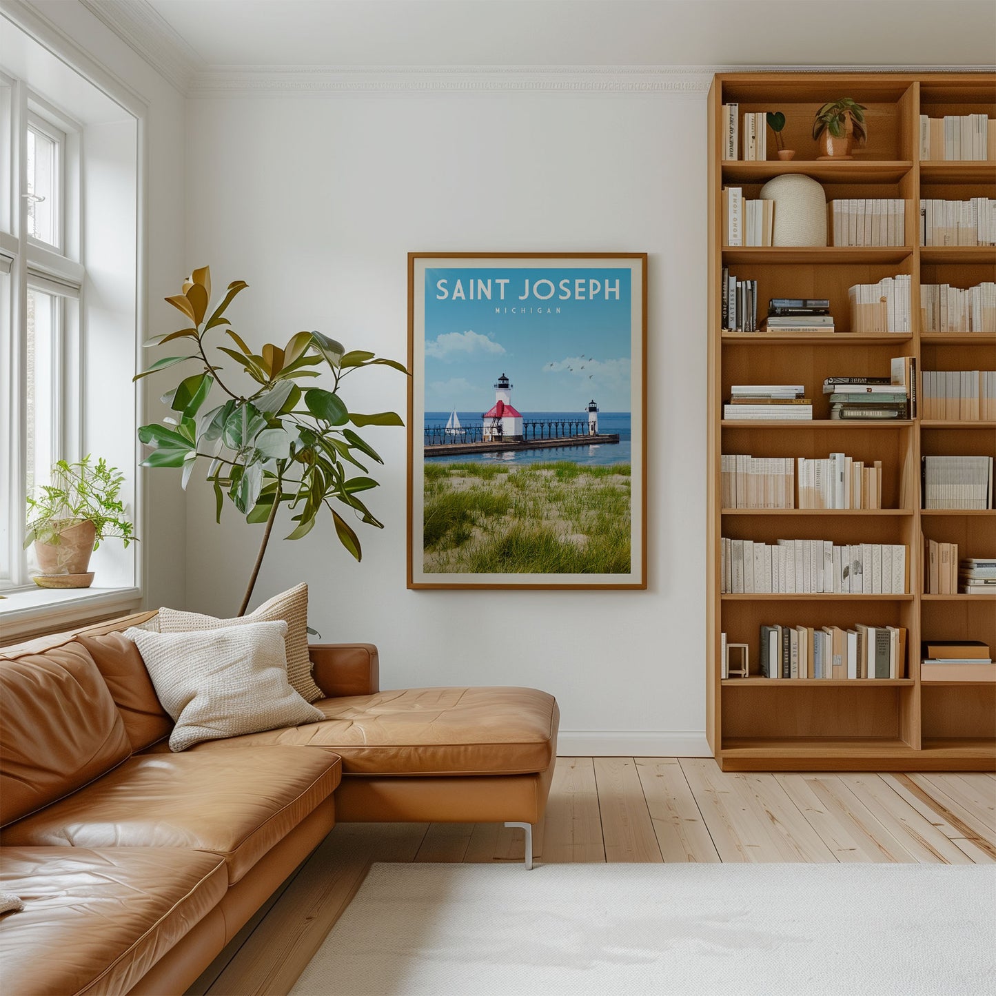 a cozy living room with a large window, a comfortable leather couch, a bookshelf filled with books, and a framed poster of Saint Joseph, Michigan, hanging on the wall.