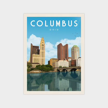 A poster depicting the skyline of Columbus, Ohio, with a river and bridge in the foreground.