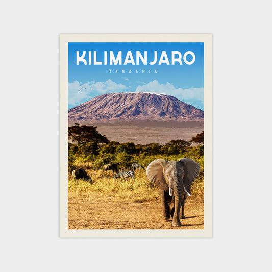 A poster of Kilimanjaro, the highest peak in Africa, with an elephant and zebras in the foreground and a large mountain in the background.