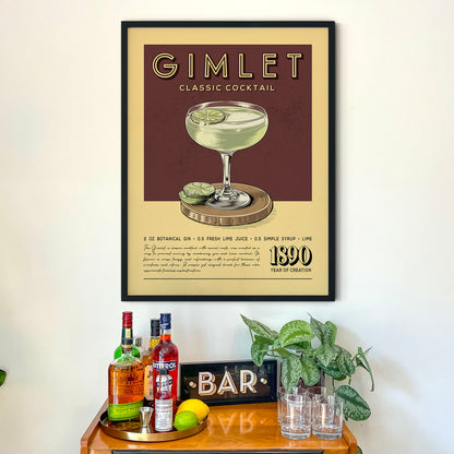 a framed poster of a cocktail recipe, a wooden bar display with various liquor bottles, and a potted plant.