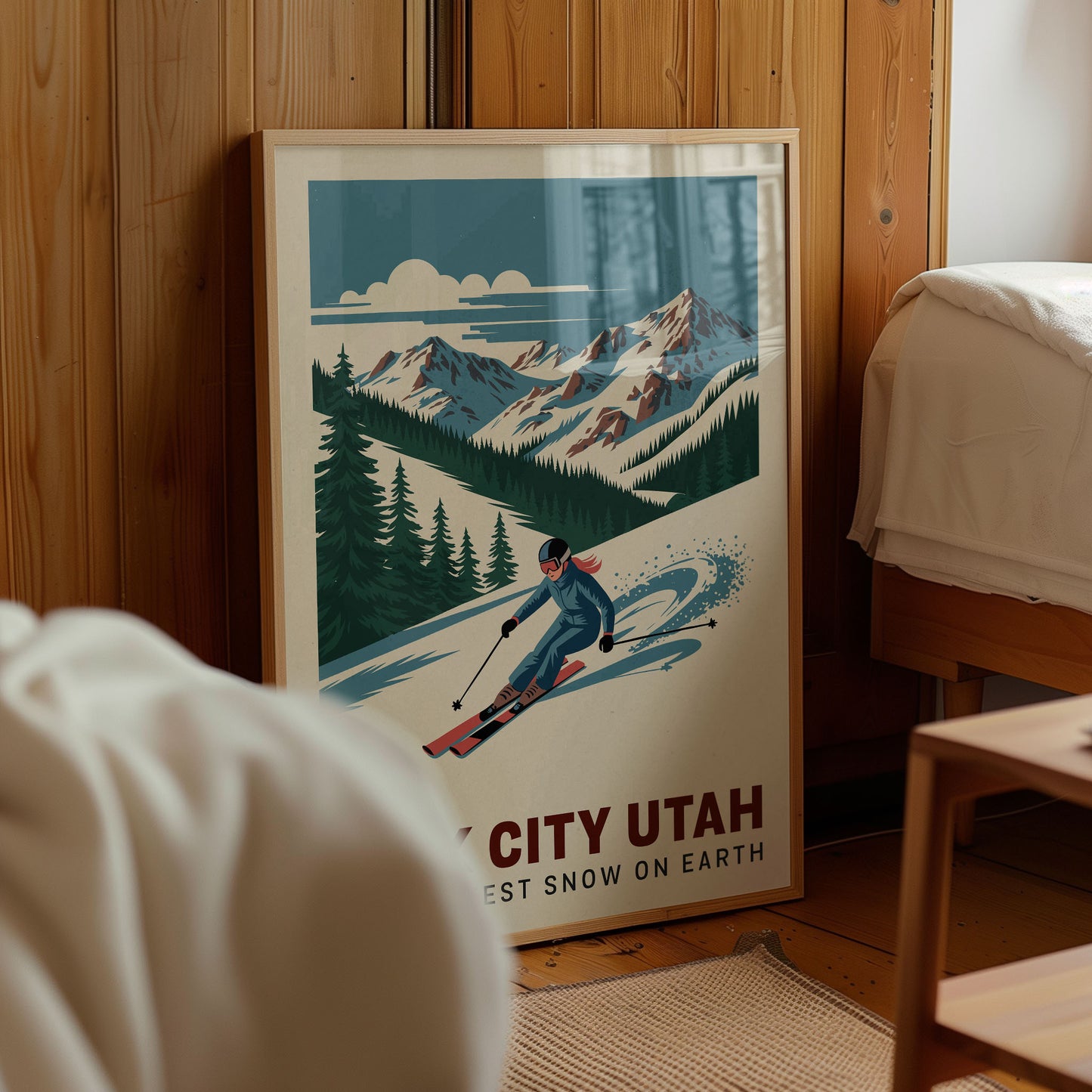 A framed poster of a skier in a snowy mountain landscape, with the text "City of Utah" and "West most snow on earth" below the image.