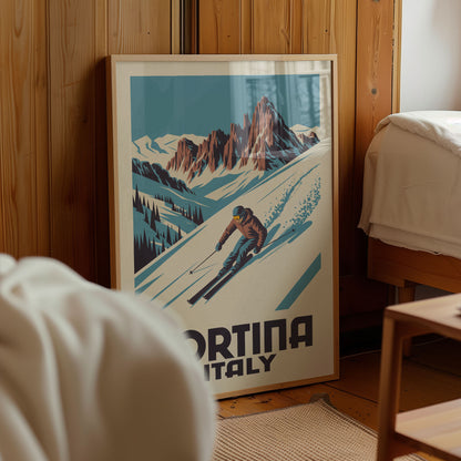 A framed poster of a skier in a mountainous landscape, with the text "ORTINA ITALY" prominently displayed.