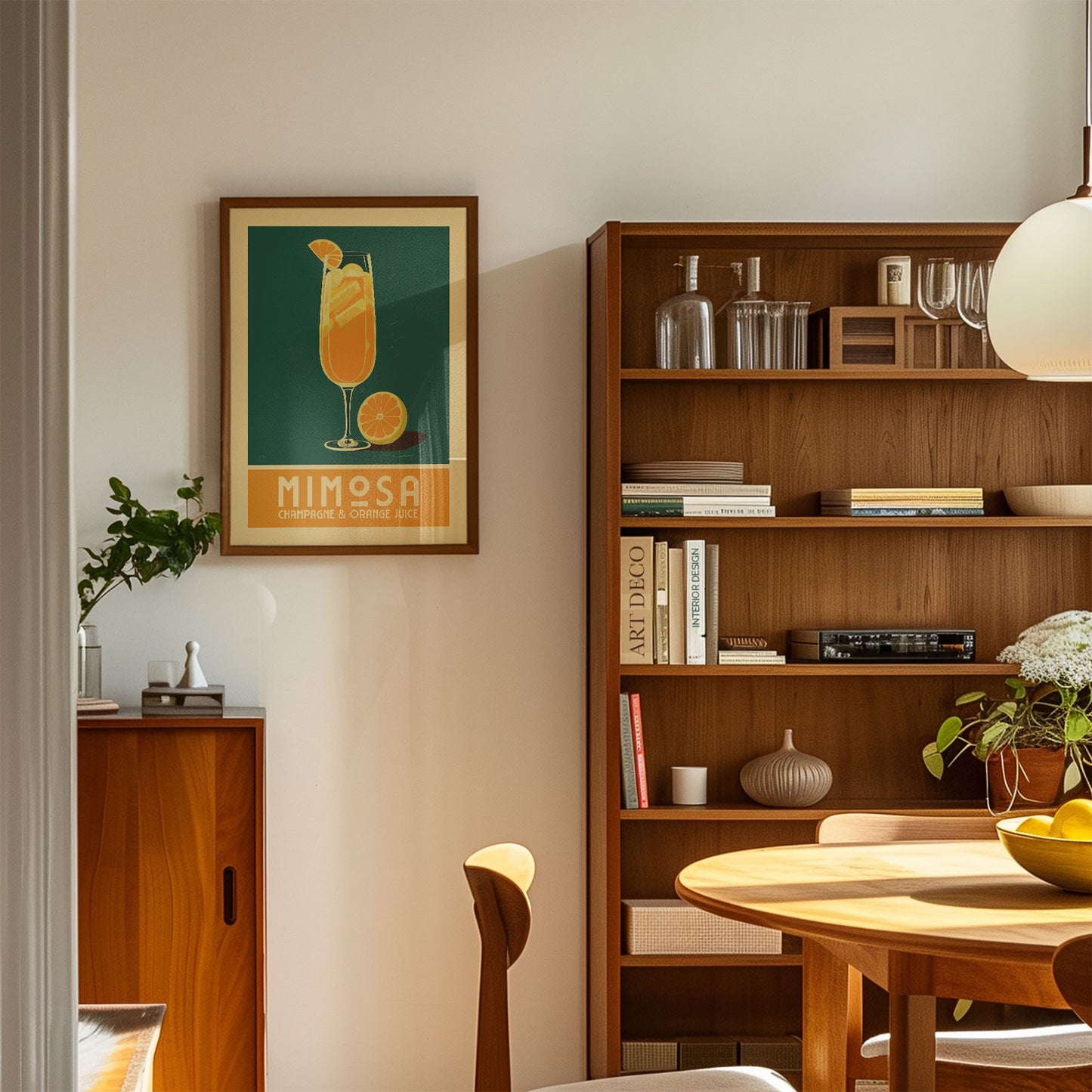 a cozy living room with a wooden bookshelf, a framed poster of a mimosa, and a wooden cabinet. The room has a warm and inviting atmosphere, with a dining table and chairs in the foreground.