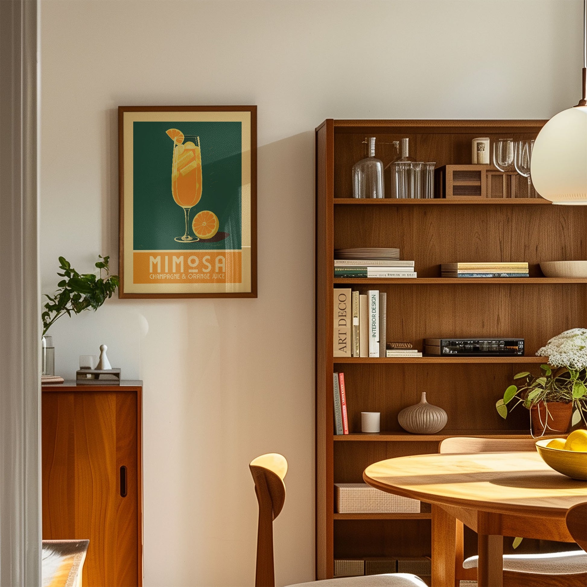 a cozy living room with a wooden bookshelf, a framed poster of a mimosa, and a wooden cabinet. The room has a warm and inviting atmosphere, with a dining table and chairs in the foreground.