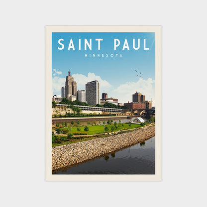 A poster of the Saint Paul, Minnesota skyline, featuring the city's iconic buildings and a river running through it.