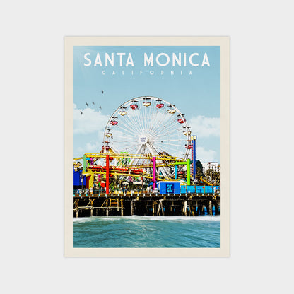 A colorful ferris wheel stands tall against a clear blue sky, with a body of water in the foreground.