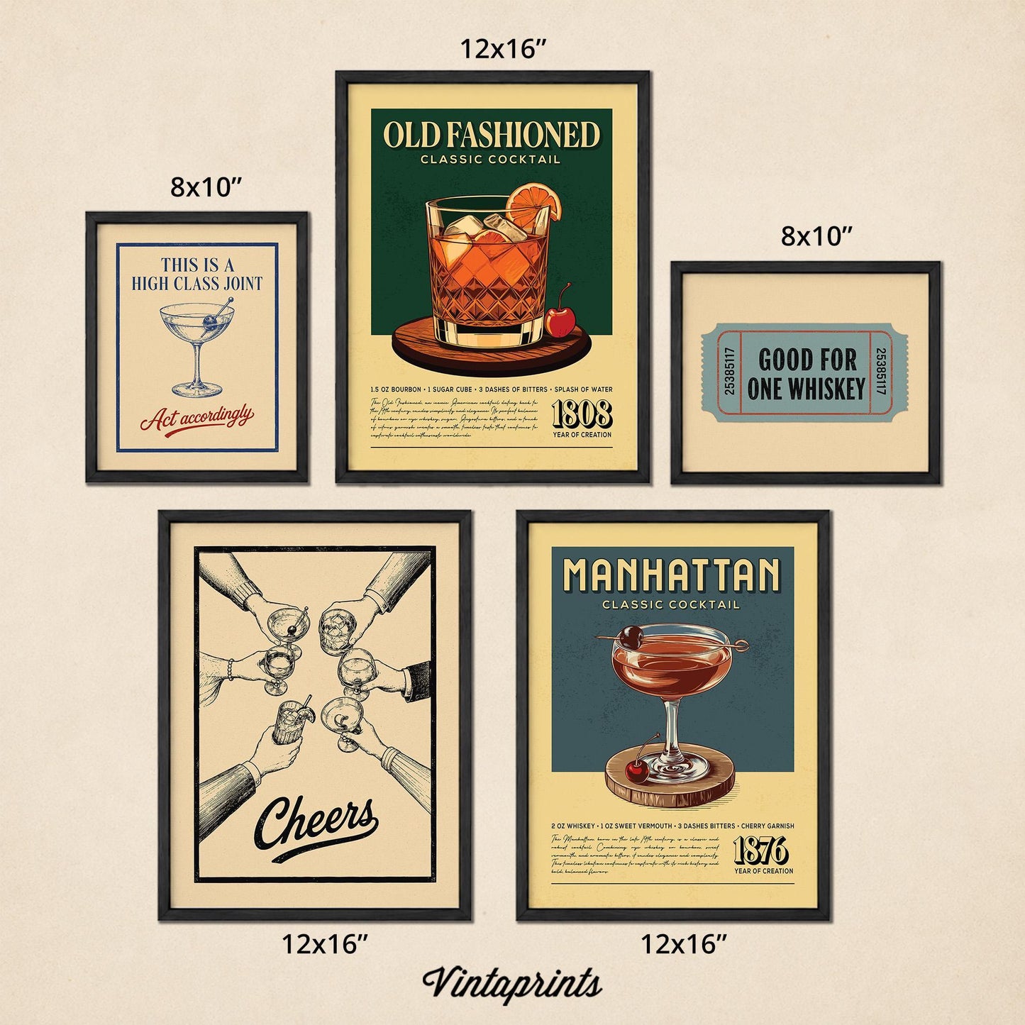 Old Fashioned & Manhattan - Cocktail Gallery Wall Set