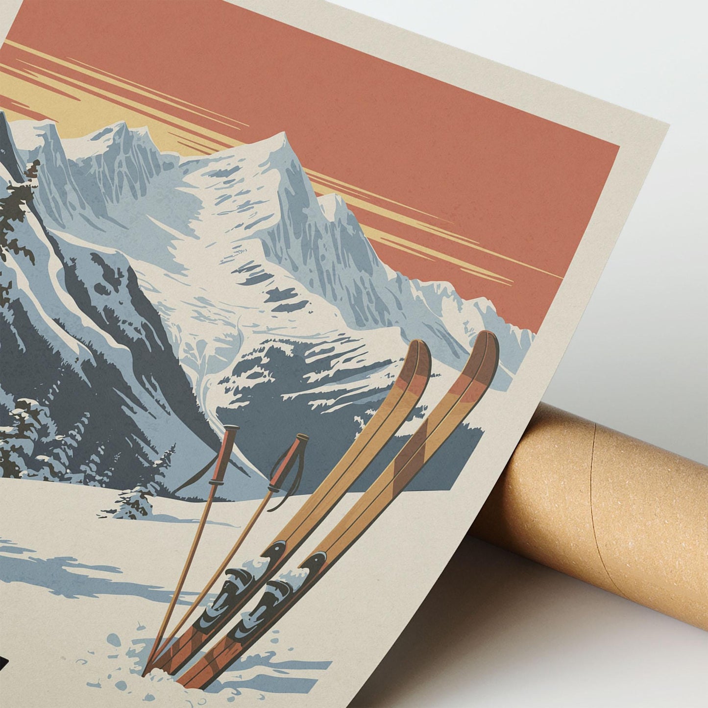 A vintage-style illustration of a snowy mountain landscape with skis and ski poles in the foreground, set against a warm orange and red sky.