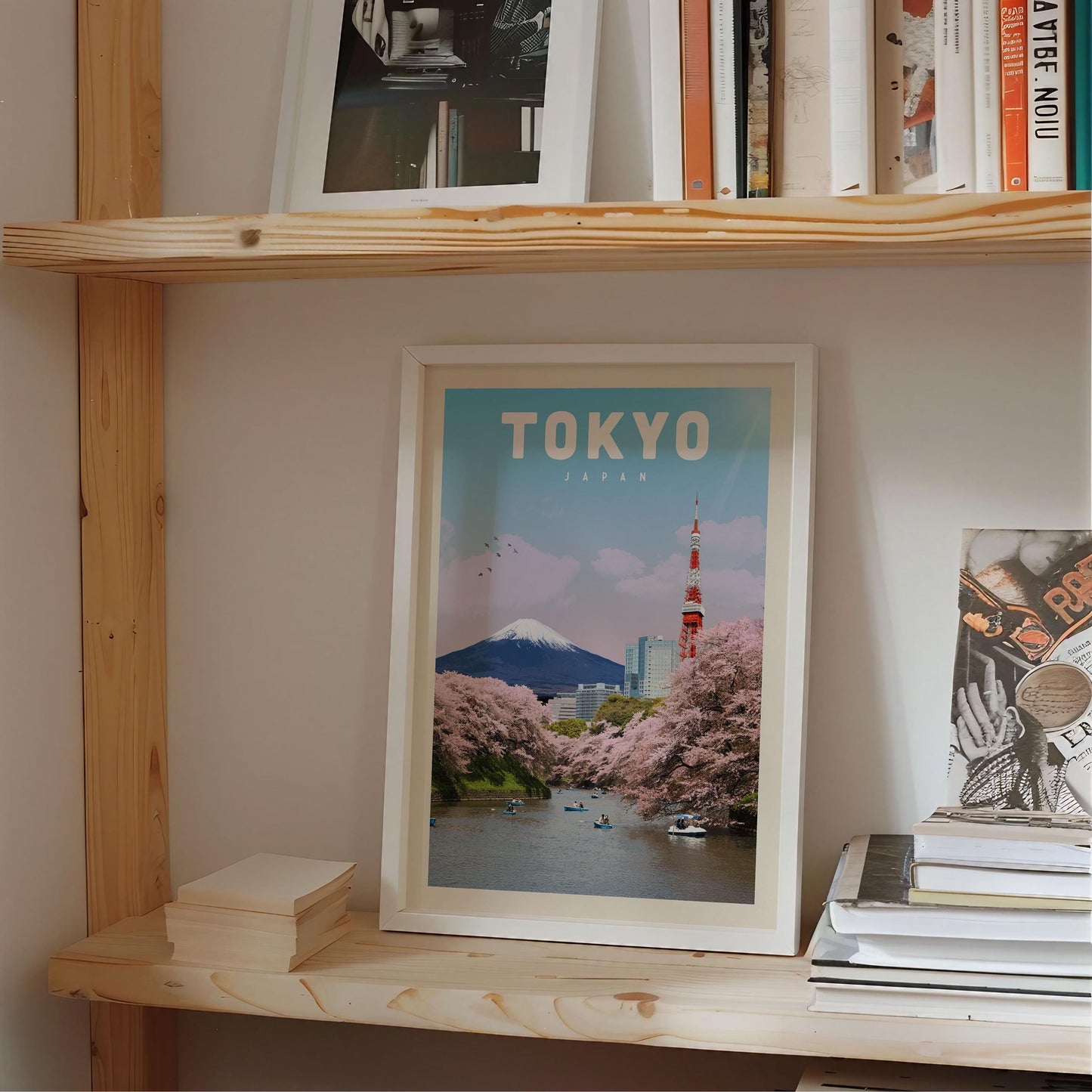 a framed poster of Tokyo, Japan, with a mountain and cherry blossom trees in the background, along with a view of the Tokyo Tower.