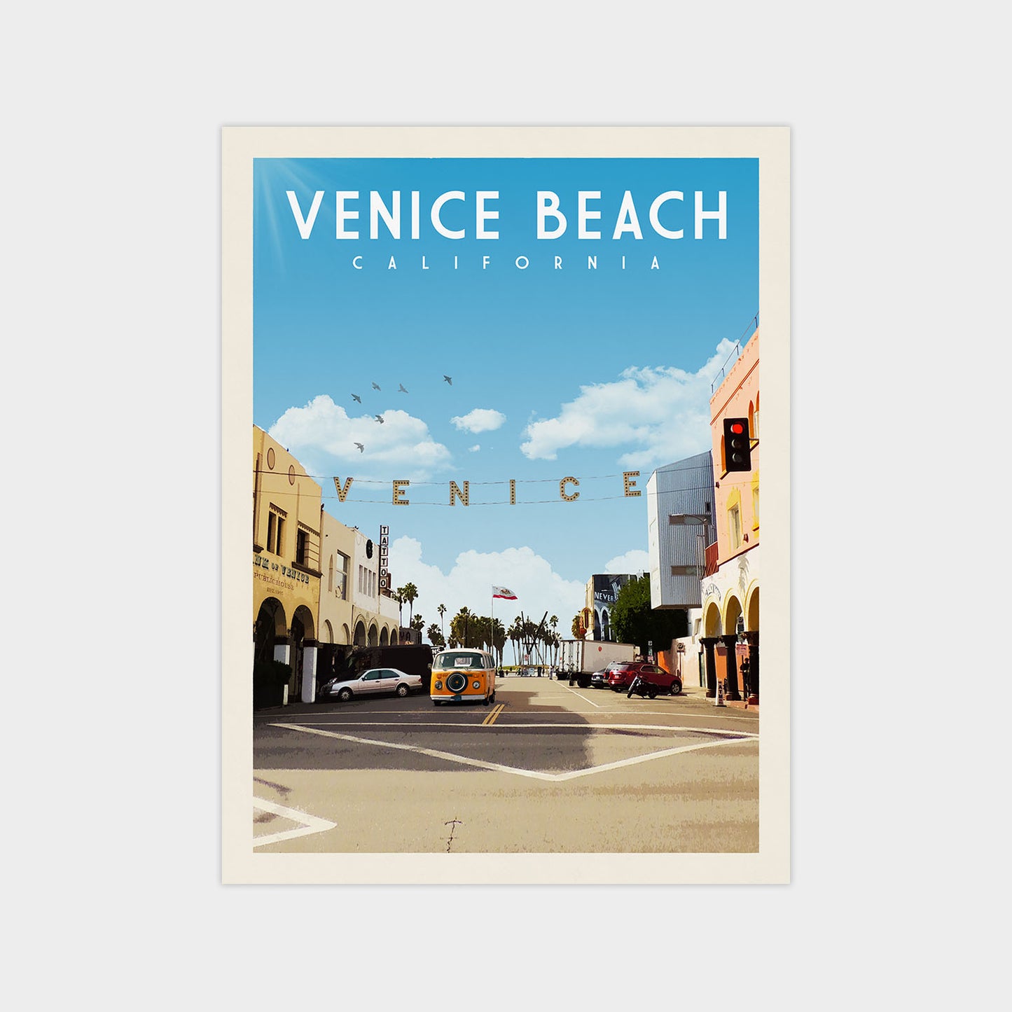 The image is a poster or artwork depicting a street scene in Venice Beach, California, with buildings, cars, and a clear blue sky.