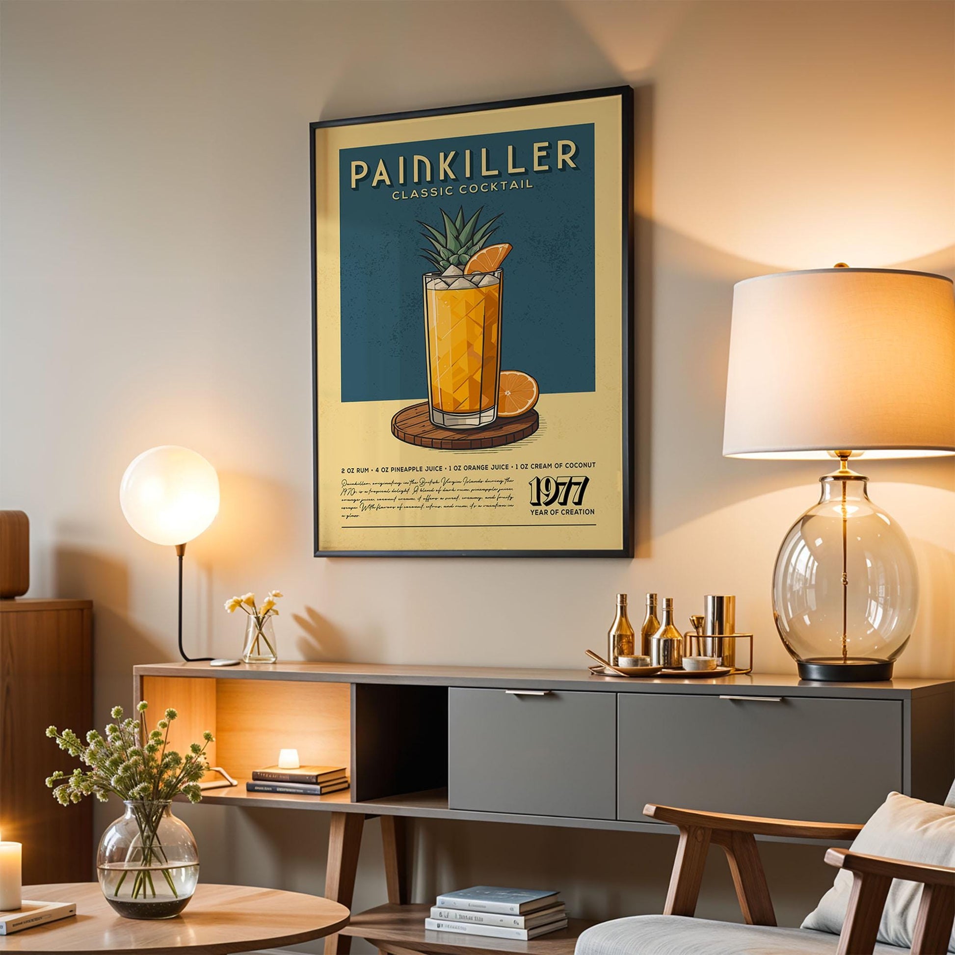 a poster of a classic cocktail called &quot;Pain Killer&quot; hanging on a wall in a living room setting.