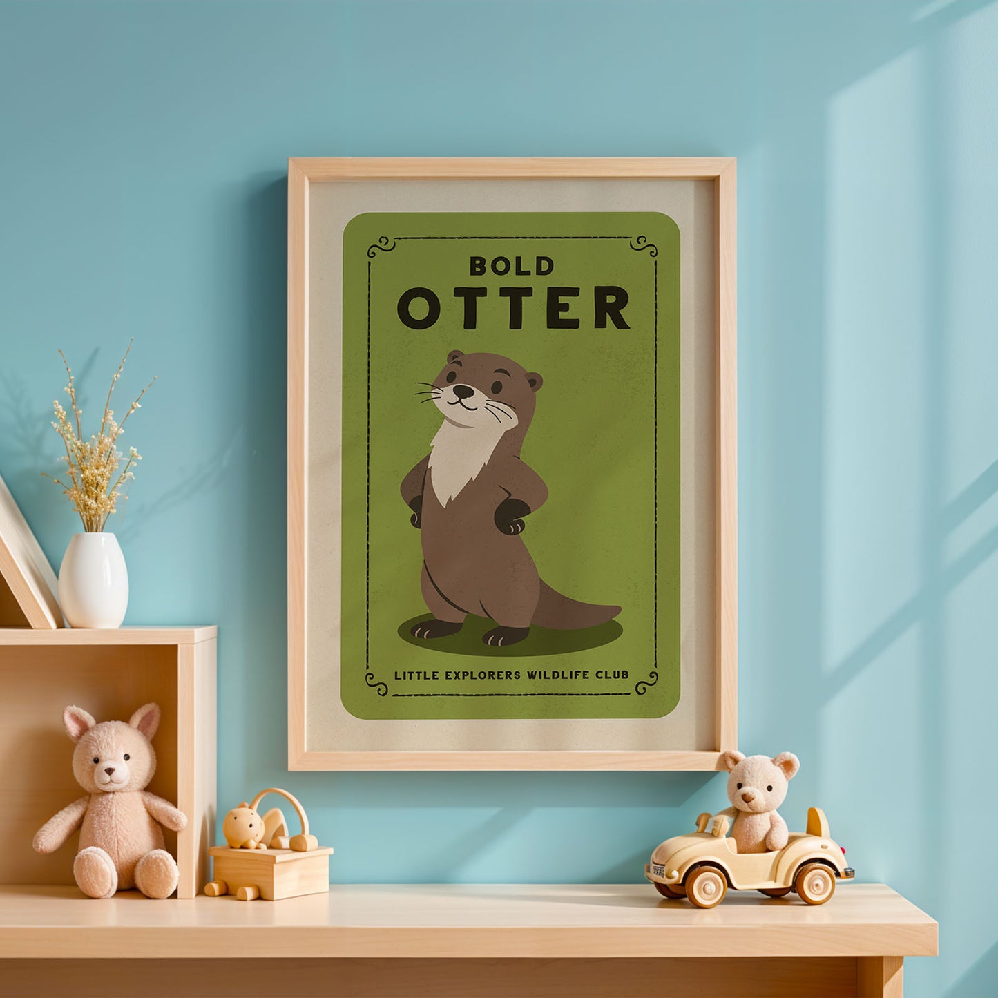 a framed poster of an otter, a stuffed animal car, and a wooden toy car on a shelf against a blue wall.